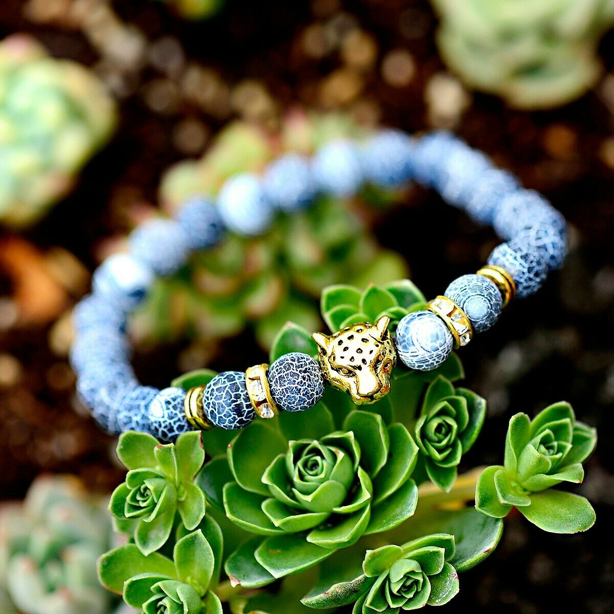 Fashion Man Leopard Head Beaded Bracelets Lava Rock Stone Beads Energy Bracelets