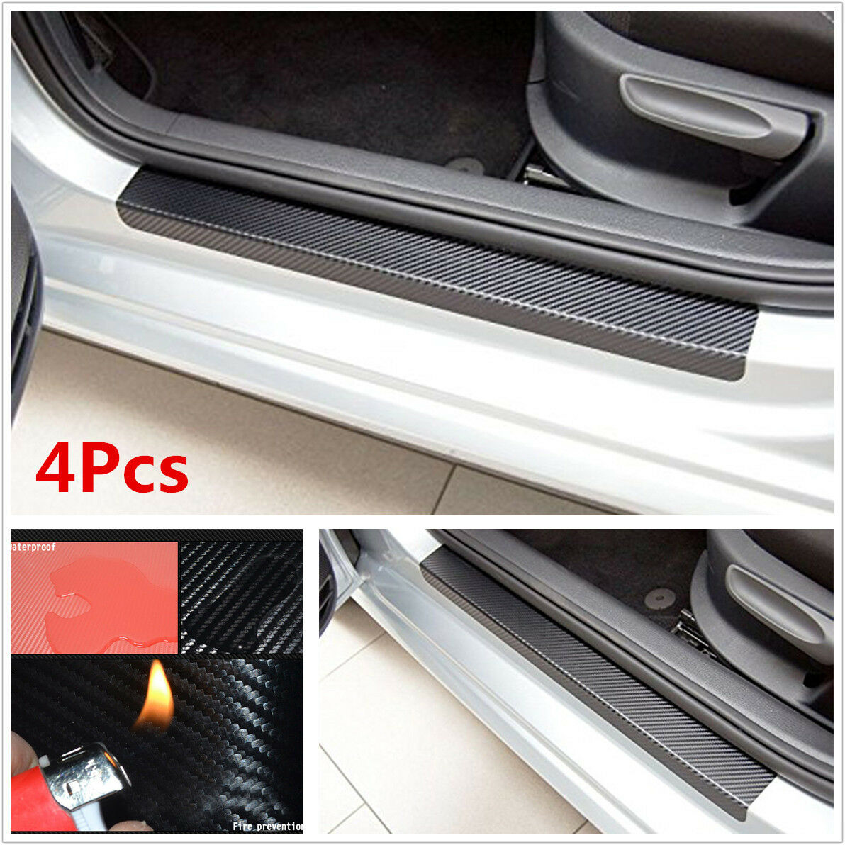 4Pcs Black Carbon Fiber Look Car Door Plate Scuff Sill Cover Protector Stickers