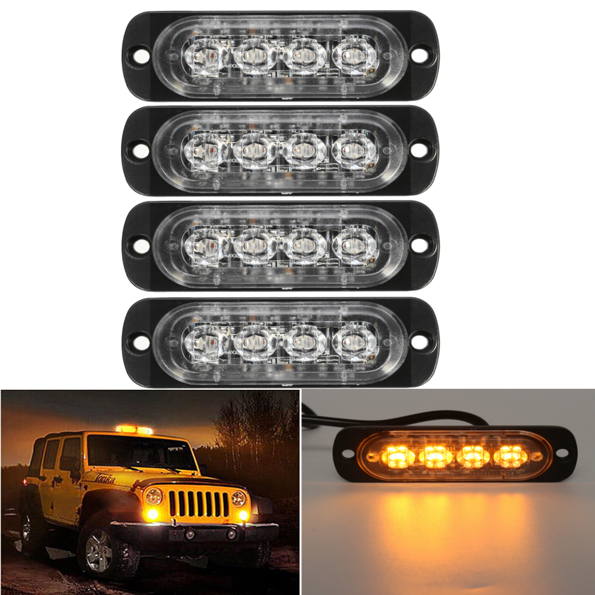 4pcs 4LED Car Truck Emergency Beacon Warning Hazard Flash Strobe Light Bar  +