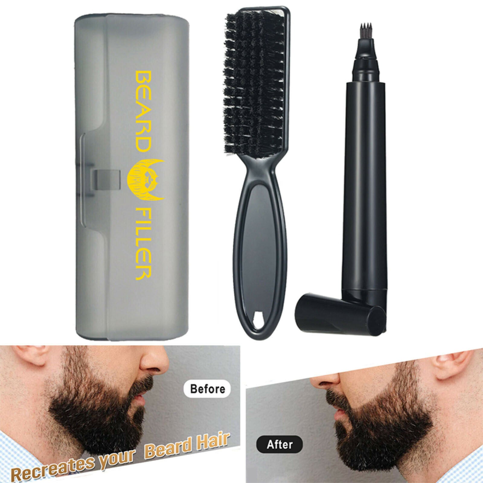 Beard Filler For Men Beard Pen & Beard Brush Natural Finish Pack black
