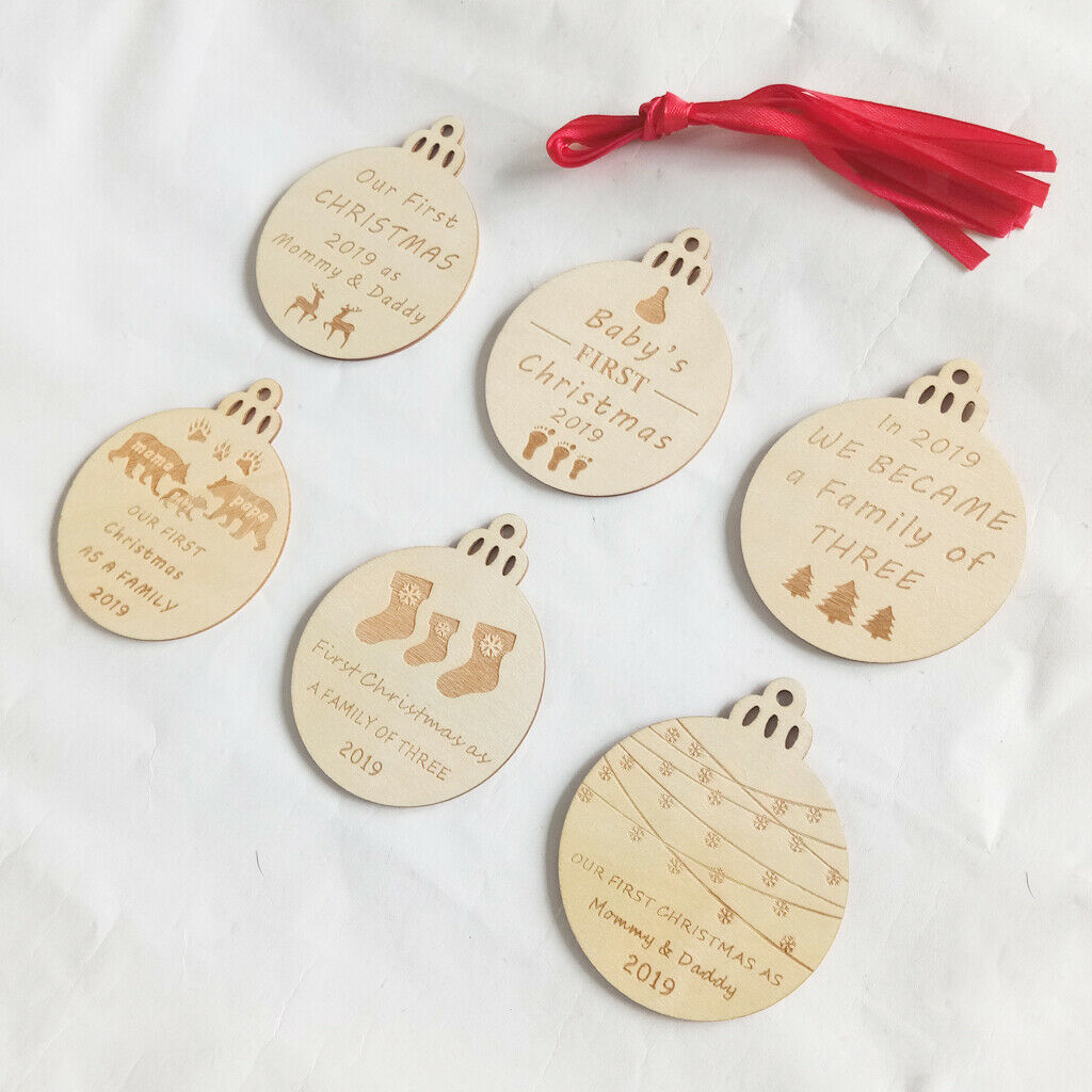 6Pc Wood Christmas Bulb Shaped Wood Pieces Ornaments Hanging Xmas Tree Decor
