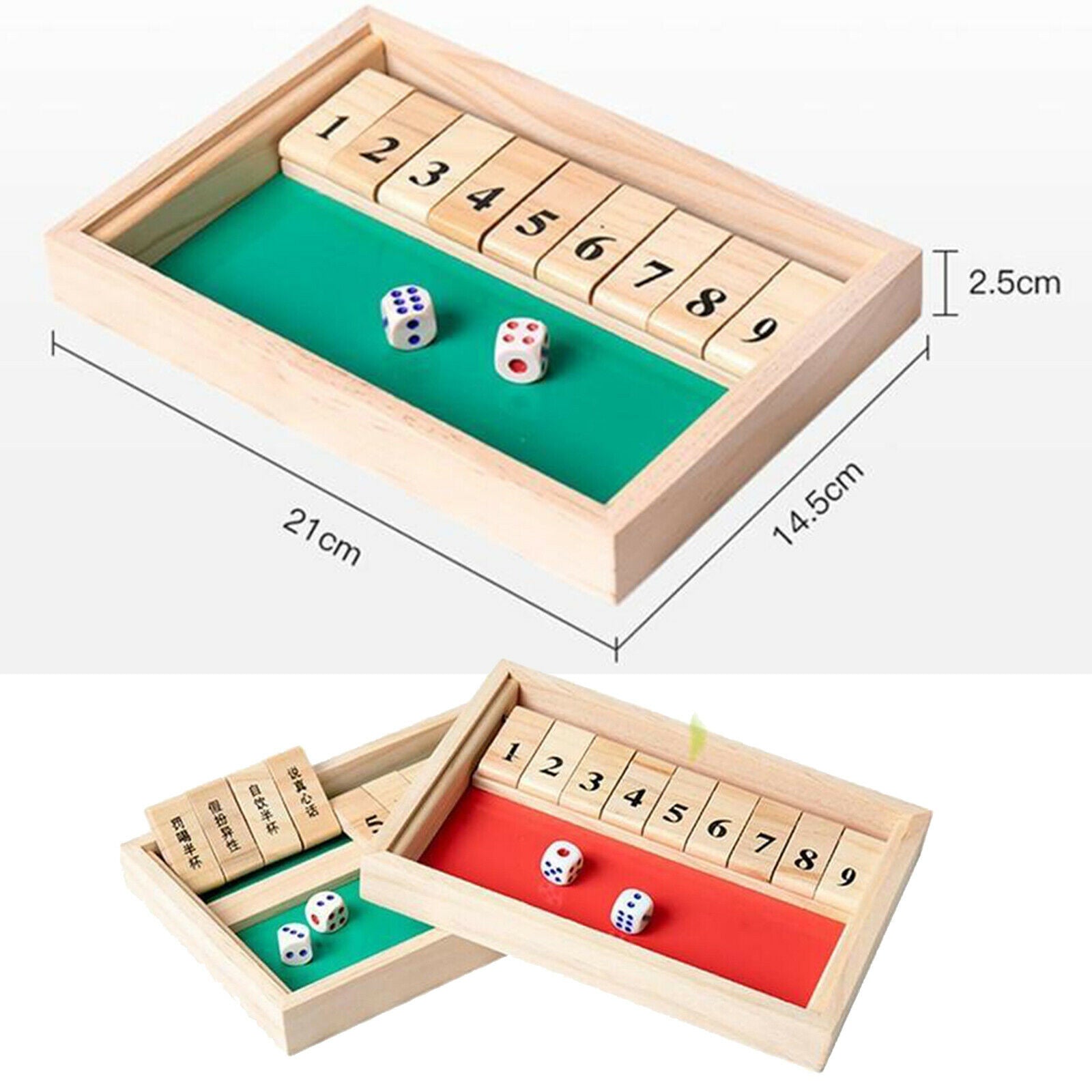 Shut The Box, Single Player 9 Numbers & 2 Dice Wood Table Board Game for Family