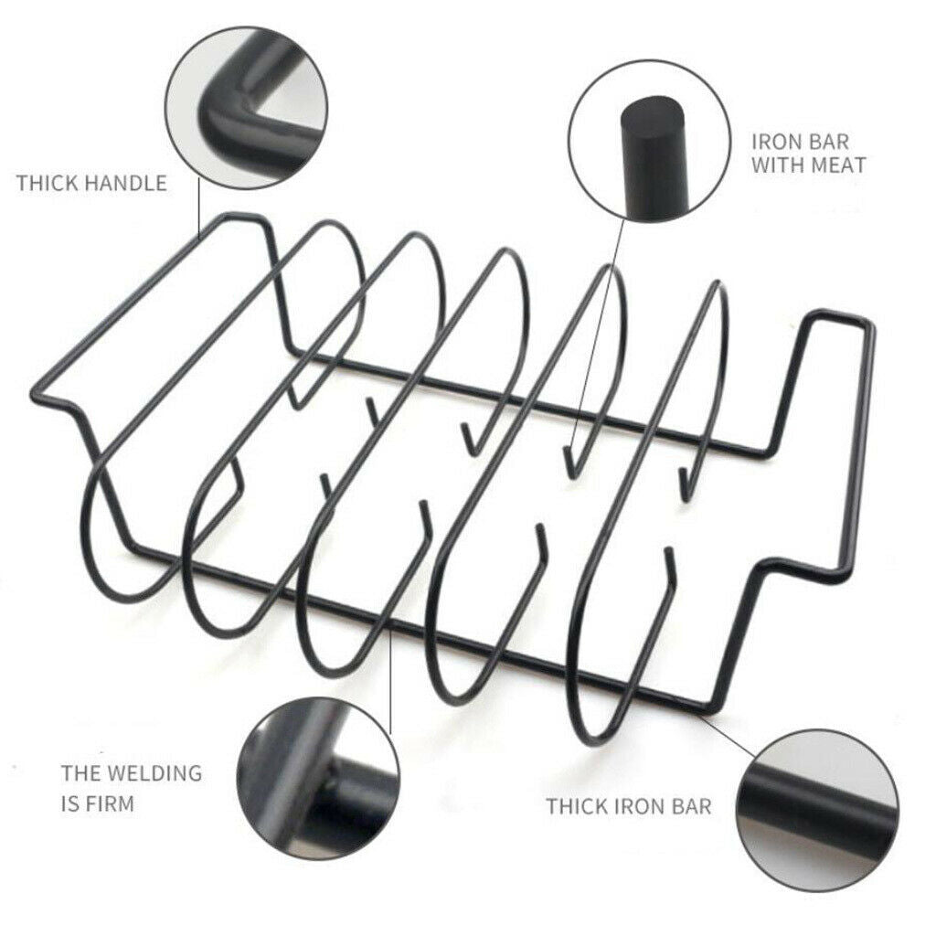 Iron Non-Stick Rib Shelf Holds 4 Ribs for Grilling Barbecuing Chicken Beef