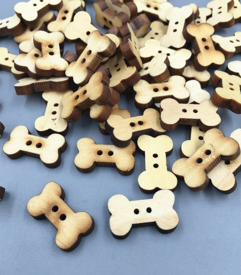 100pcs Wooden Dog Bone Buttons Natural color Sewing Scrapbooking Craft 18mm