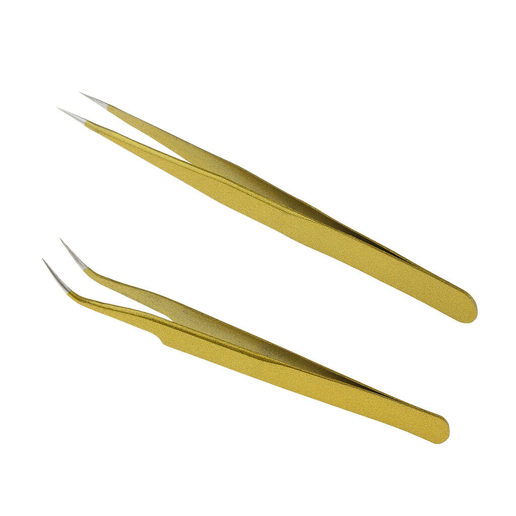 Stainless Steel False Eyelash Extension Tweezers Clip Curved + Straight Head