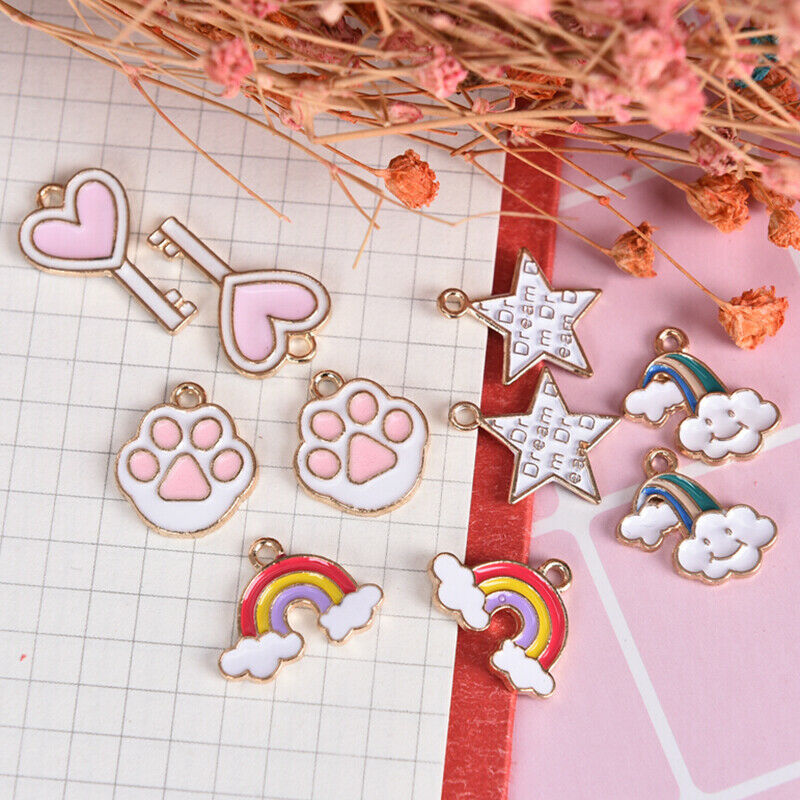 10pcs Mix Heart Key Cloud Metal Enamel Charms Pendant DIY Jewelry Making Fi_DD