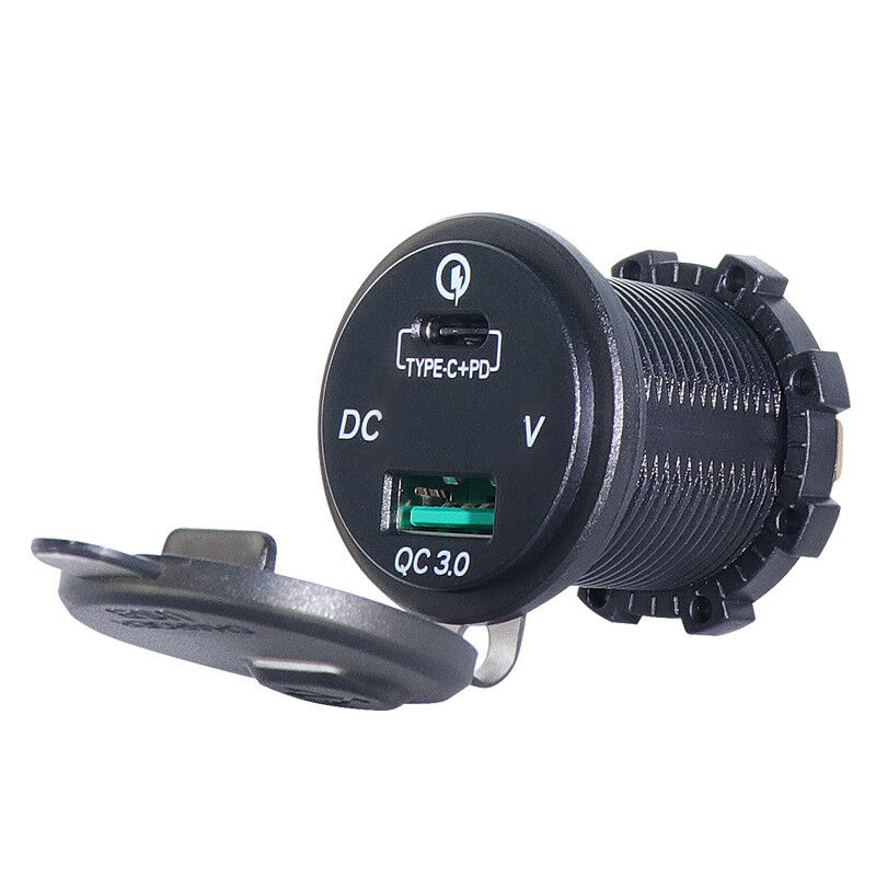 Universal Motorcycle QC3.0 USB +Type-C Ports LED Digital PD Fast Charger Adapter