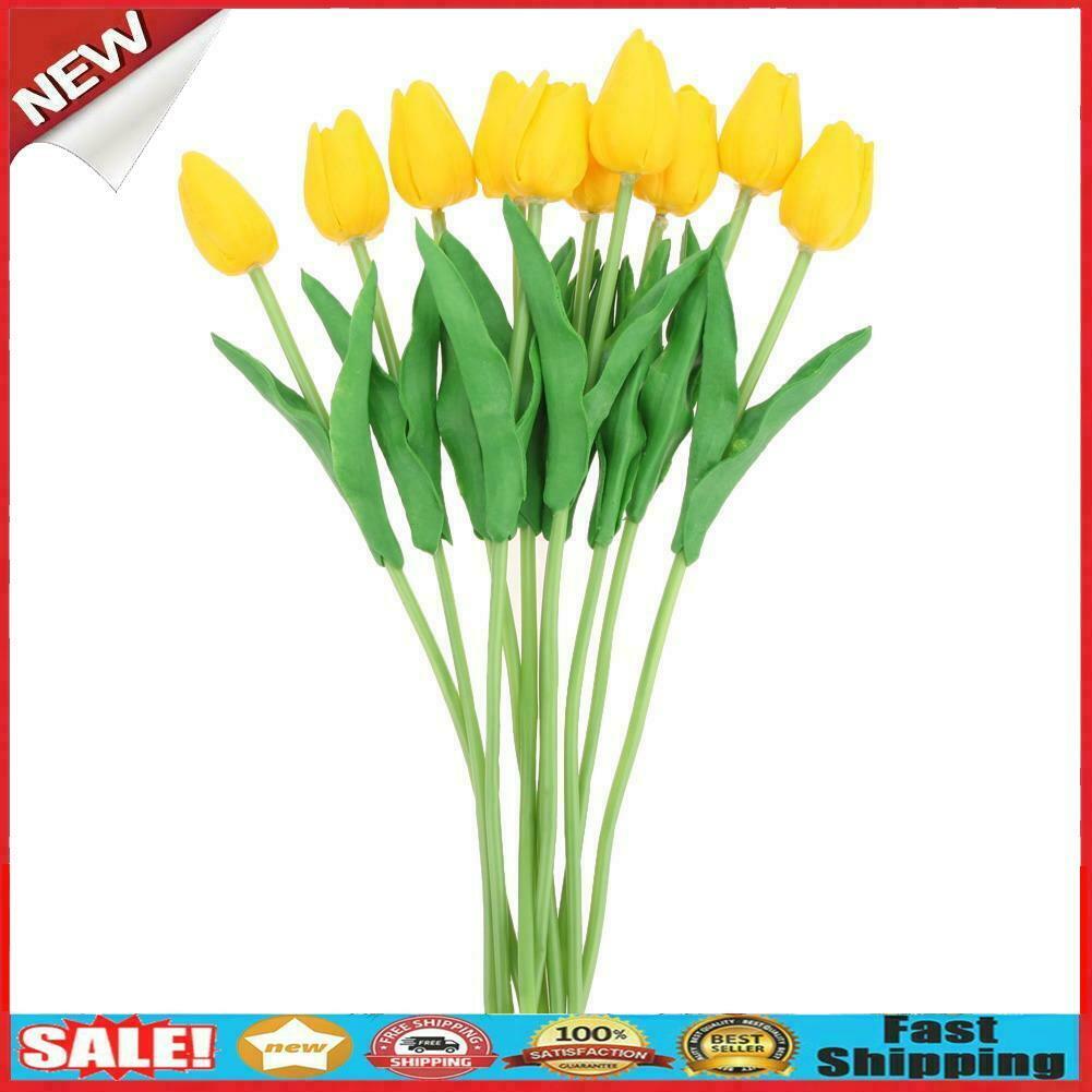 10pcs PU Tulips Artificial Flowers Bouquet Wedding Home Decor Props (Yellow @