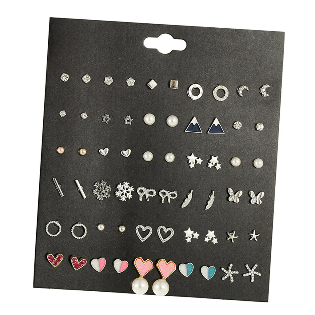 Set of 30 Female Casual Crystal Butterfly Moon Mixed Ear Studs Earrings Set