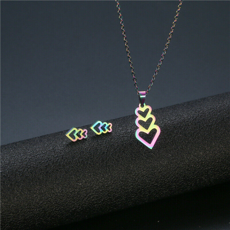 Three Heart Jewelry Set Stainless Steel Love Rainbow Pendant Necklace Earrings