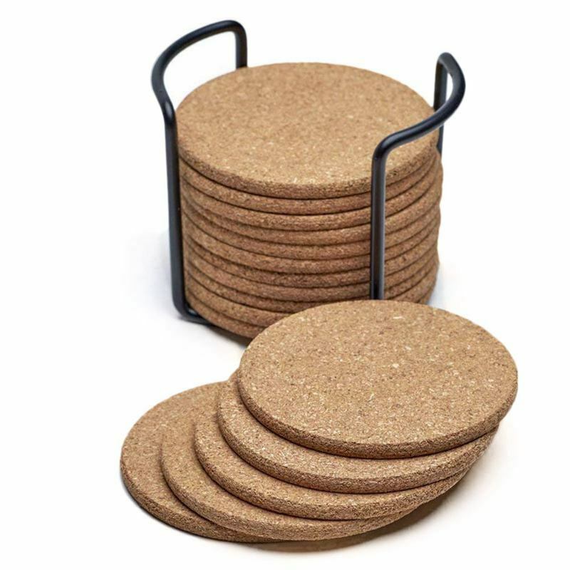 Natural Cork Coasters With Round 16pc Set with Metal Holder Storage Caddy – 1/F1
