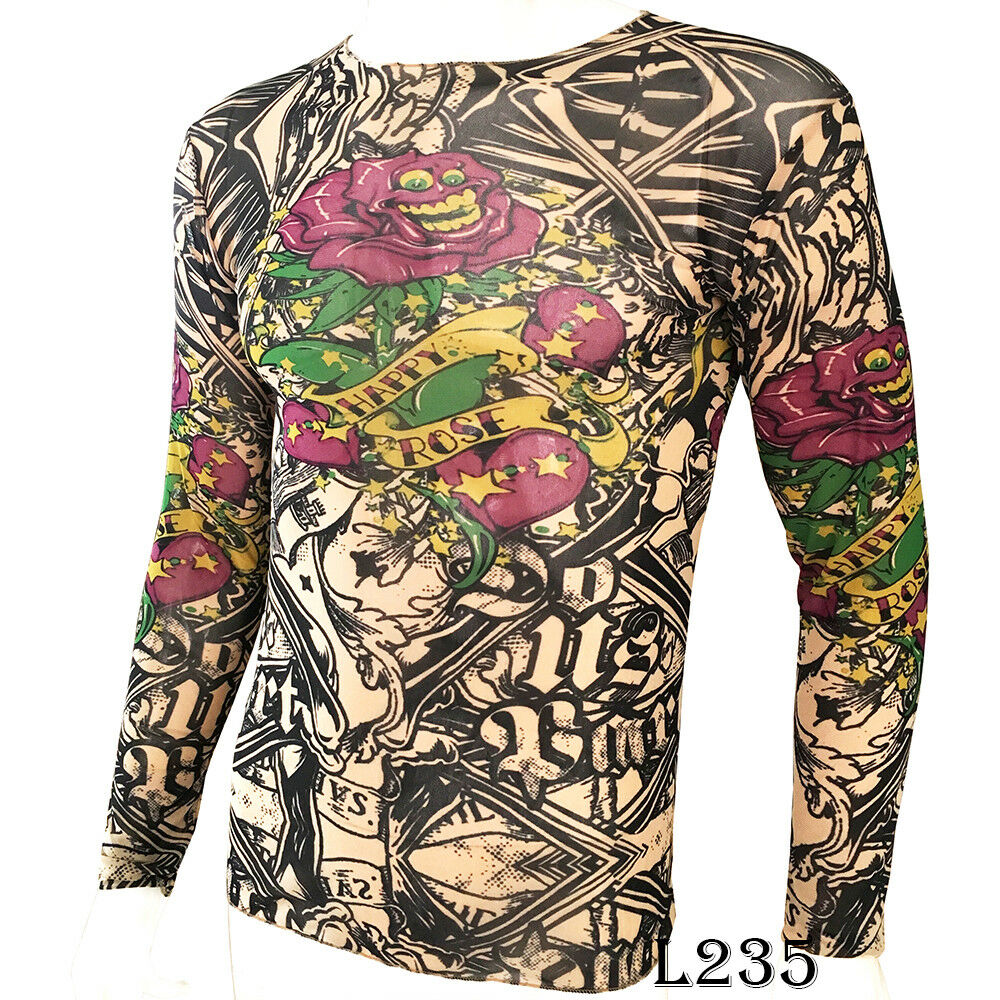 Skeleton Rose Tattoo Sport T-Shirt Tattoo Tops Biker Cycling Fitness Plus Size