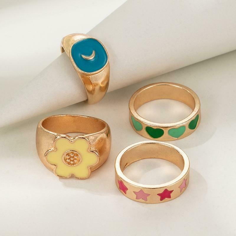 4 PCS Colorful Heart Ring Star Moon Alloy Rings Set for Women Girl Couple