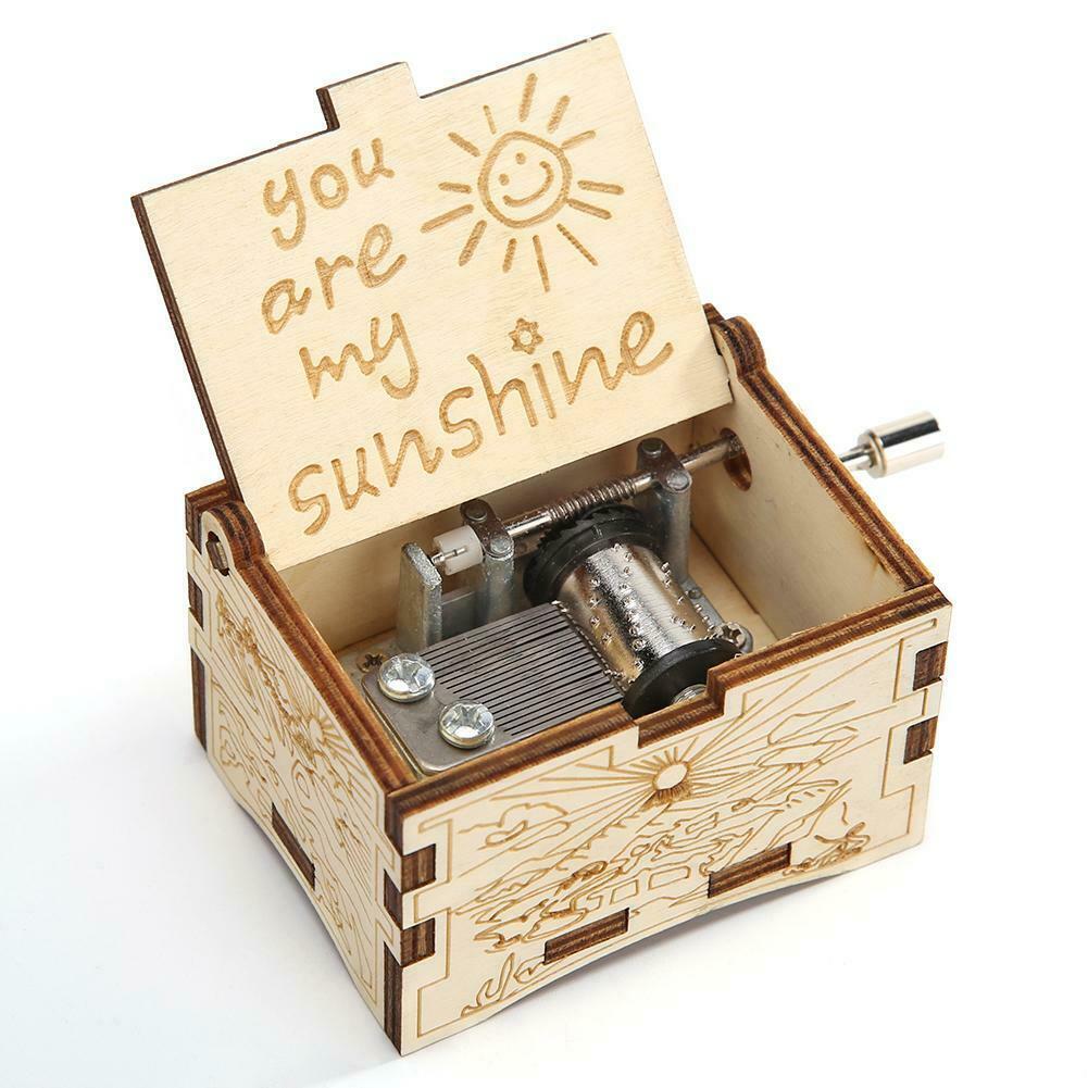 Retro Carved Wooden Manual Music Box Hand Cranked Birthday Gift Ornaments @