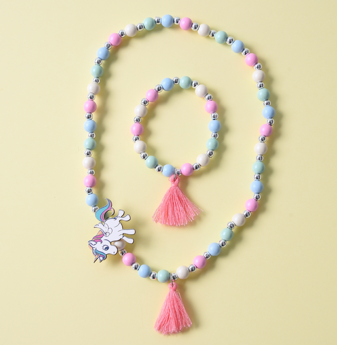 Cute Unicorn tassel Wood Bead Children's necklace bracelet for children gift DIY