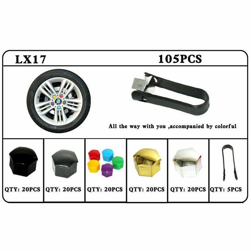 105Pcs Plastic Car Wheel Nut Bolt Cover Caps Lug Dustproff Bolt Rims Tire 17mm