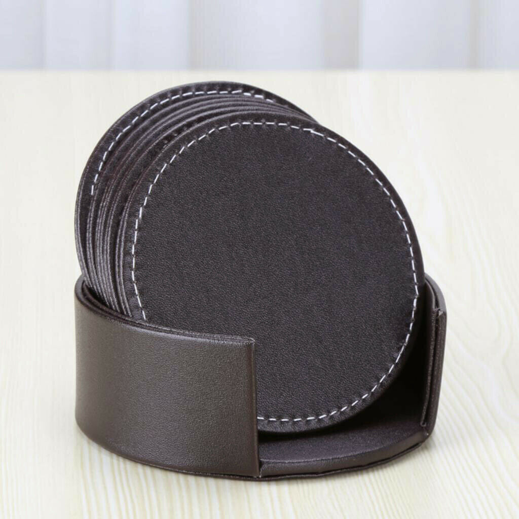 Brown PU Leather Beverage Coasters Set of 6 Glass Mug Trays Mats