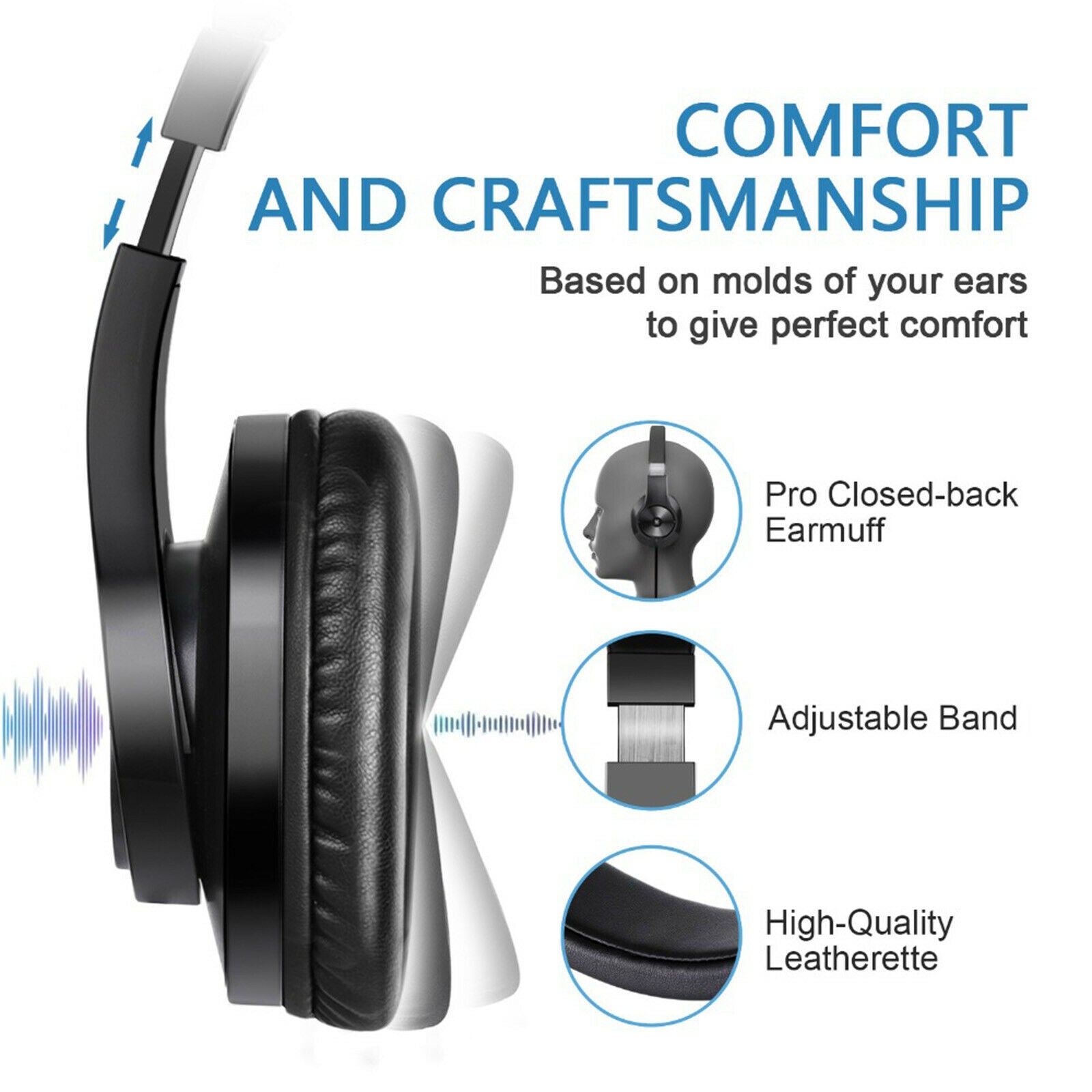 Wired Over Ear 3.5mm Headphones Portable for Recording Tablet Computer Black