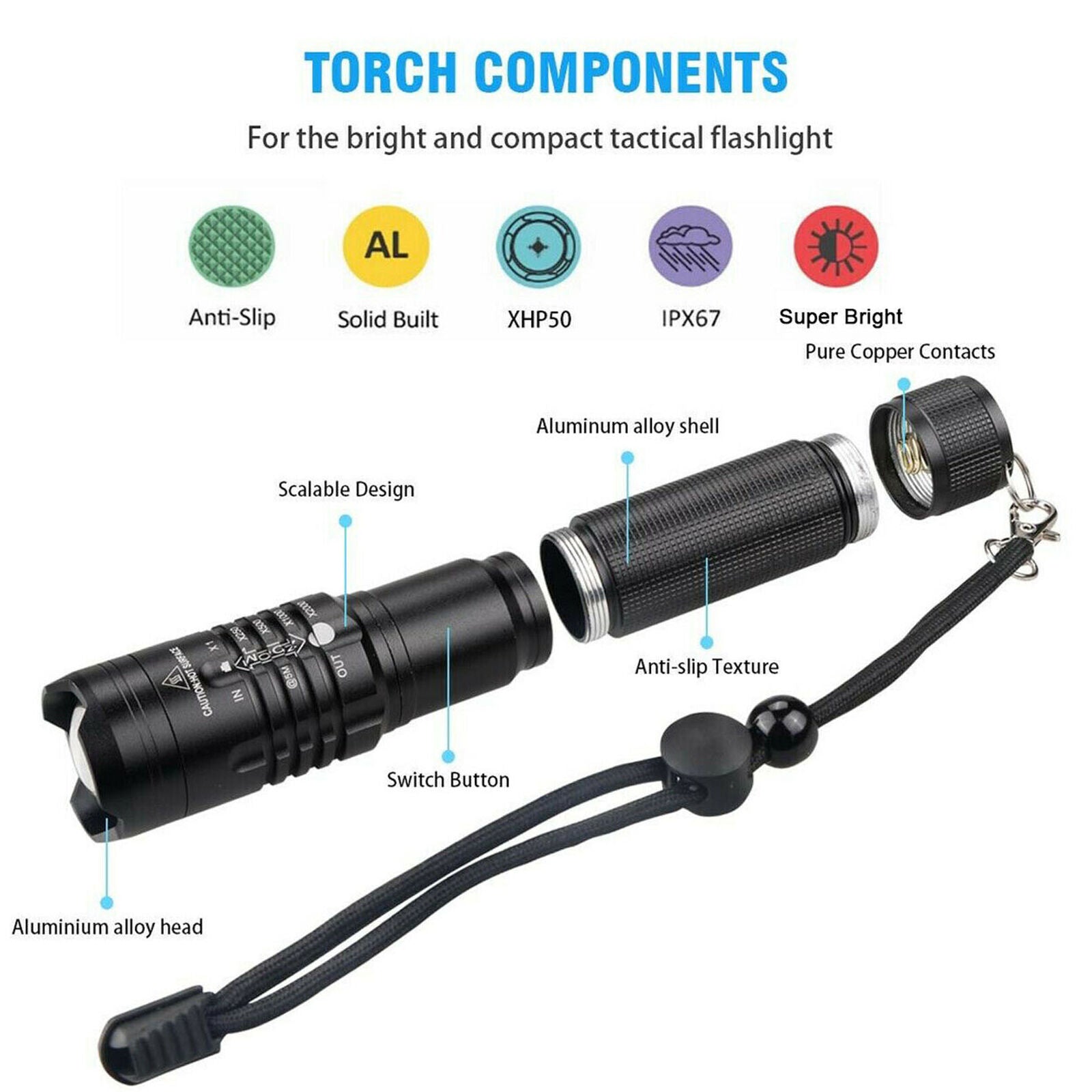 990000Lumens XHP50 Flashlight Zoomable USB Rechargeable Torch Super Bright Light