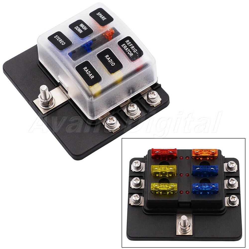 6 Way Blade Fuse Box Holder 12V/32V Fuse Box Kit with Cover &LED Indicator Light