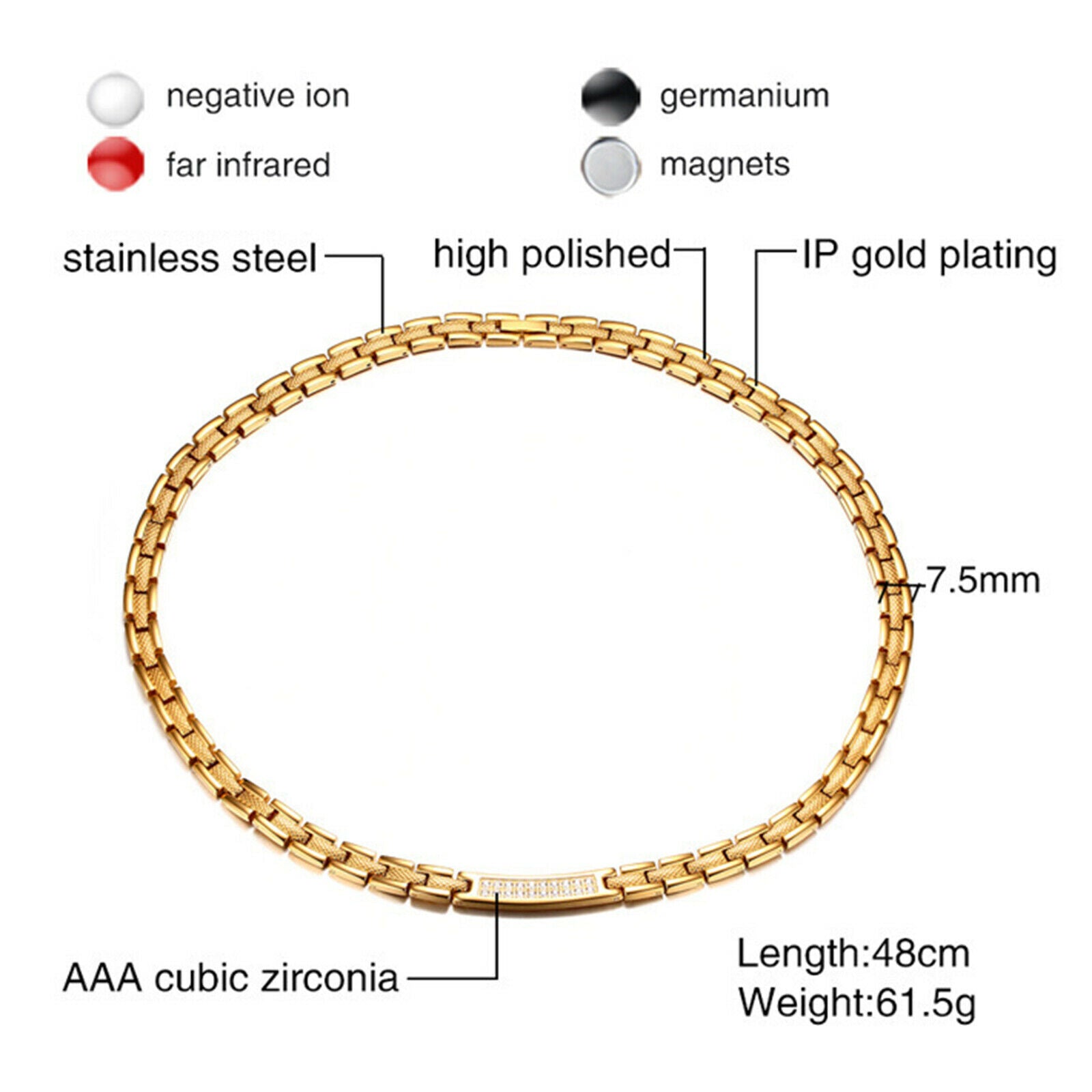 Men's Stainless Steel Magnetic Therapy Necklace Jewelry 7.5mm width Golden