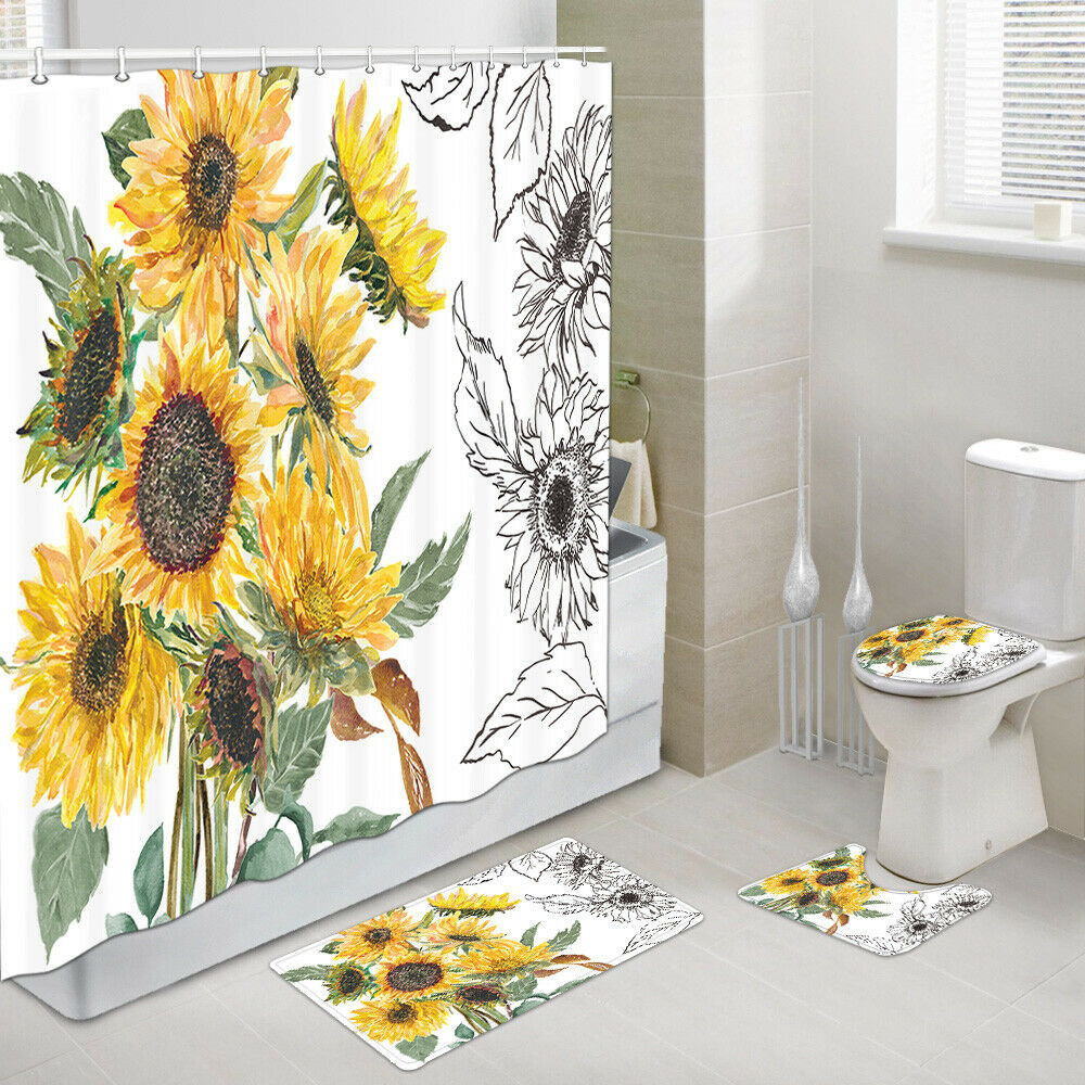 Art Sunflowers Shower Curtain Set Bathroom Rug Toilet Lid Seat Cover 4PCS-Set