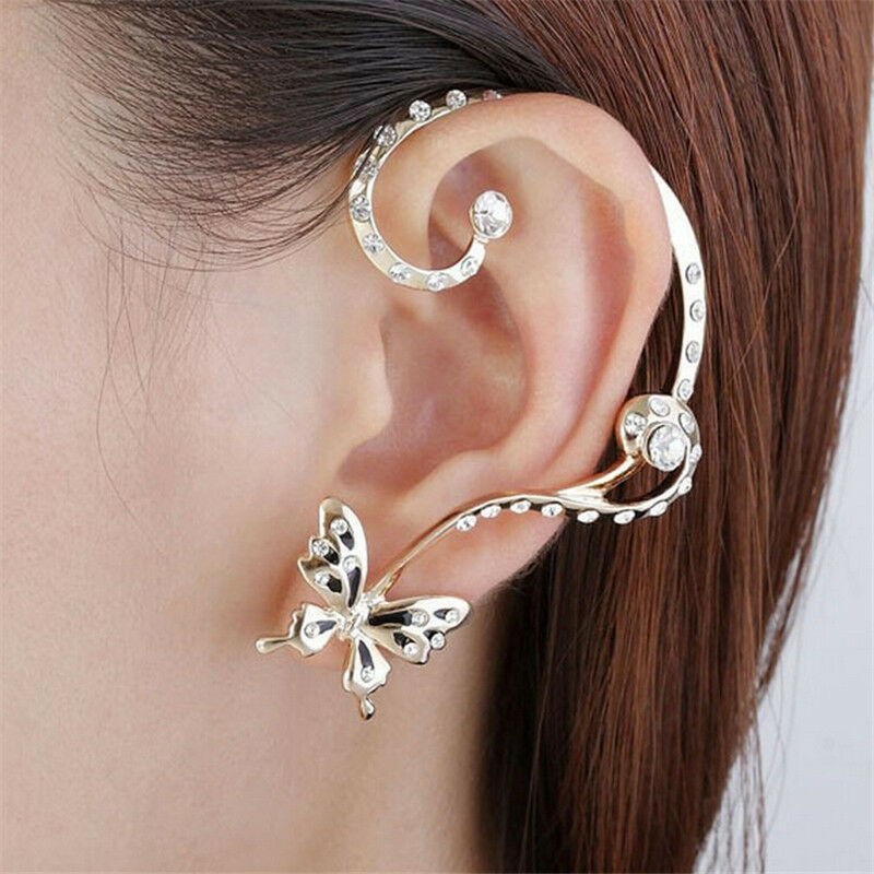 1Pair Lady Butterfly Ear Cuff Punk Clip Crystal Rhinestone Earring Partyd.l8