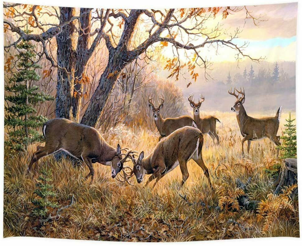 Animal Deer Tapestry, Wildlife Theme Elk Herd in Fall Forest Tapestry 4.5x1.6m