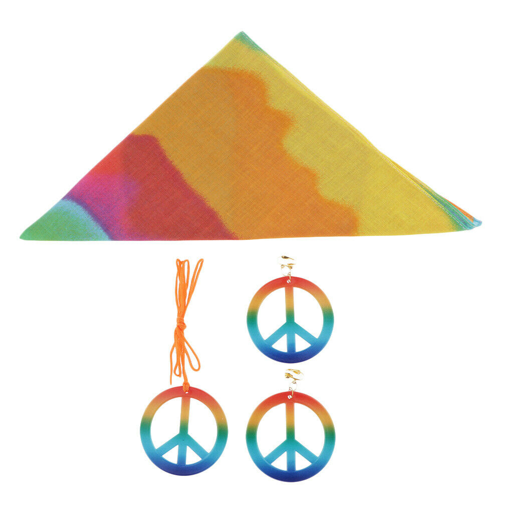 Hipple Peace Sign Earrings Necklace Tie Dye Headband 1960's Halloween Party