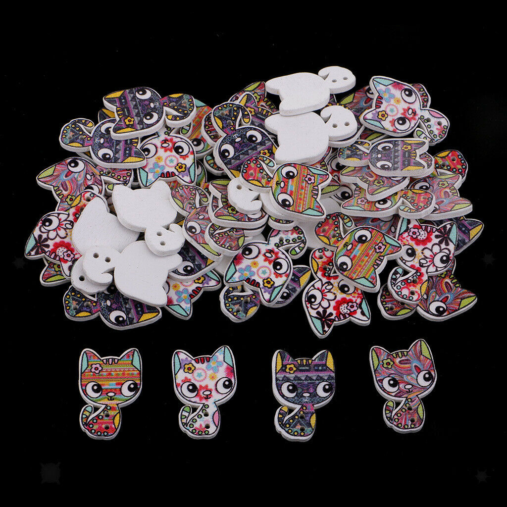 50Pcs Cartoon Animal Cat Wood Buttons Sewing Crafts Accessories 26*17mm