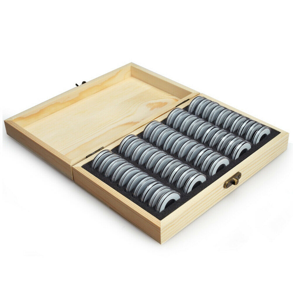 50Pcs Coin Holder Case with Wooden Storage Box Round Coin Capsules Organizer