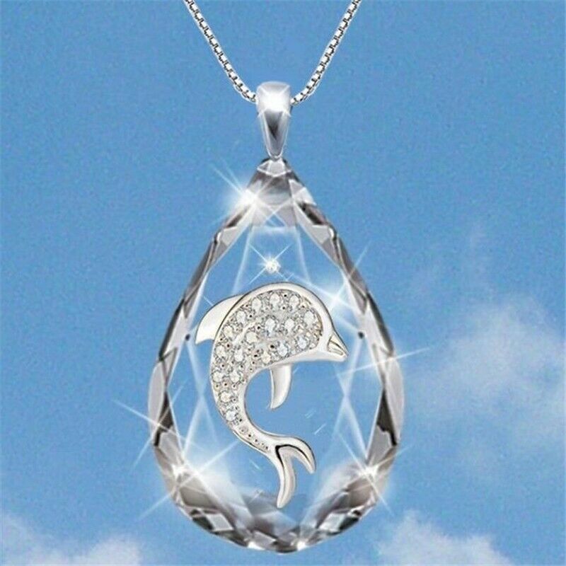 Fashion Water Drop Crystal Dolphin Pendant Necklace Engagement Jewelry Gifts