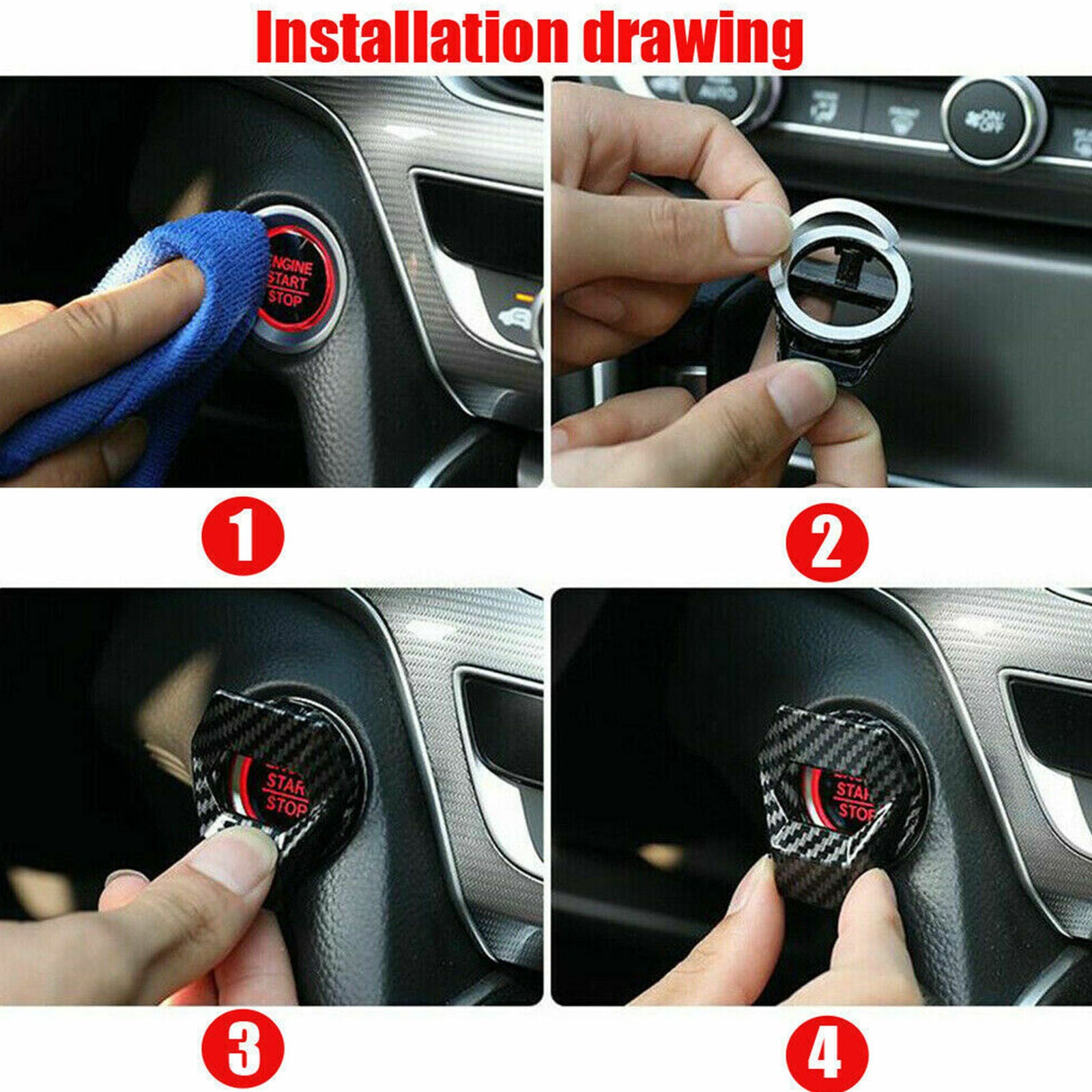 Universal Carbon Look Car Engine Start Stop Push Button Switch Cover Trim New
