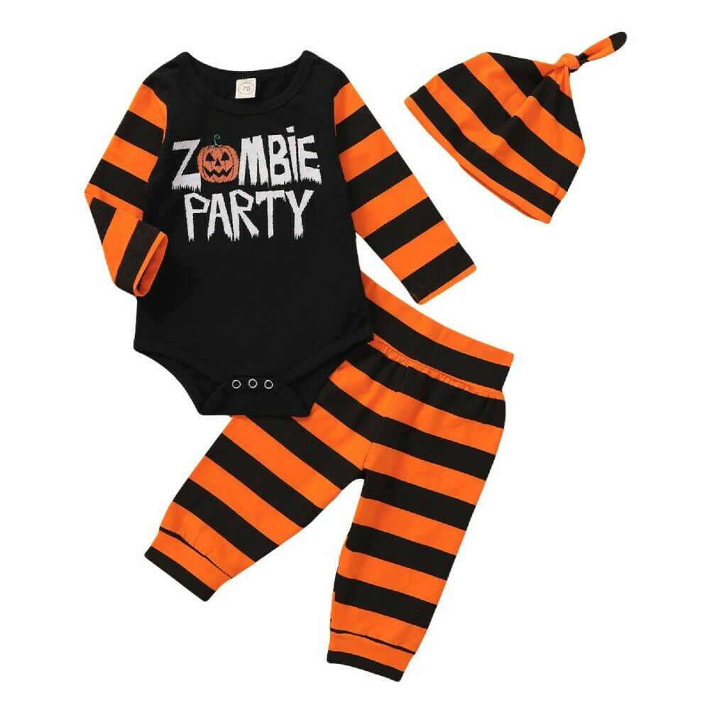 Baby 3pcs Halloween Clothes Outfits Long Sleeve Romper Striped Pants Hat Set