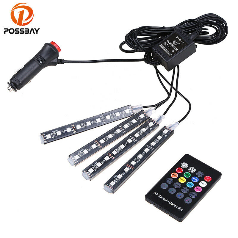 4x Car Auto Atmosphere White Lights LED Lights Strip+Cigarette Lighter Universal