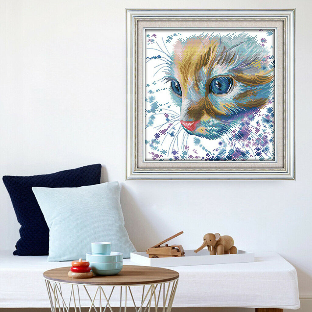 Watercolor Cat Pattern Stamped Cross Stitch Kit DIY Needlework 14CT 32x32cm