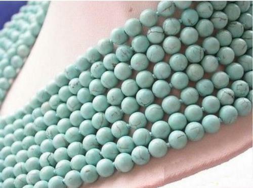 8row 6mm round green turquoise bead necklace 17-24â€AAA