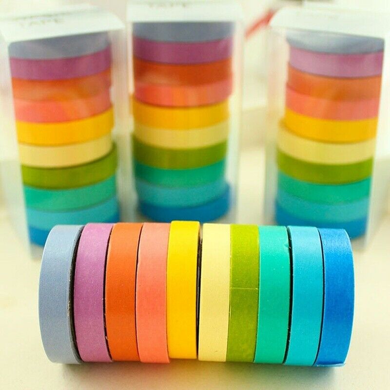10X Writable Rolls Paper Washi Masking Tape Rainbow Colours Sticky Adhesive Gift