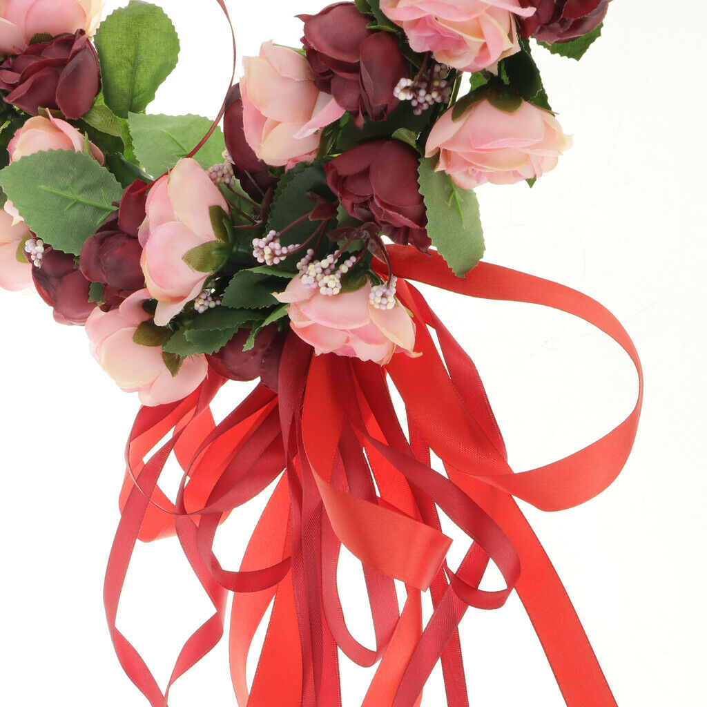 Artificial Rose Wreath Heart Shaped Wreath with Red Silk Ribbon, Wine Red Rose