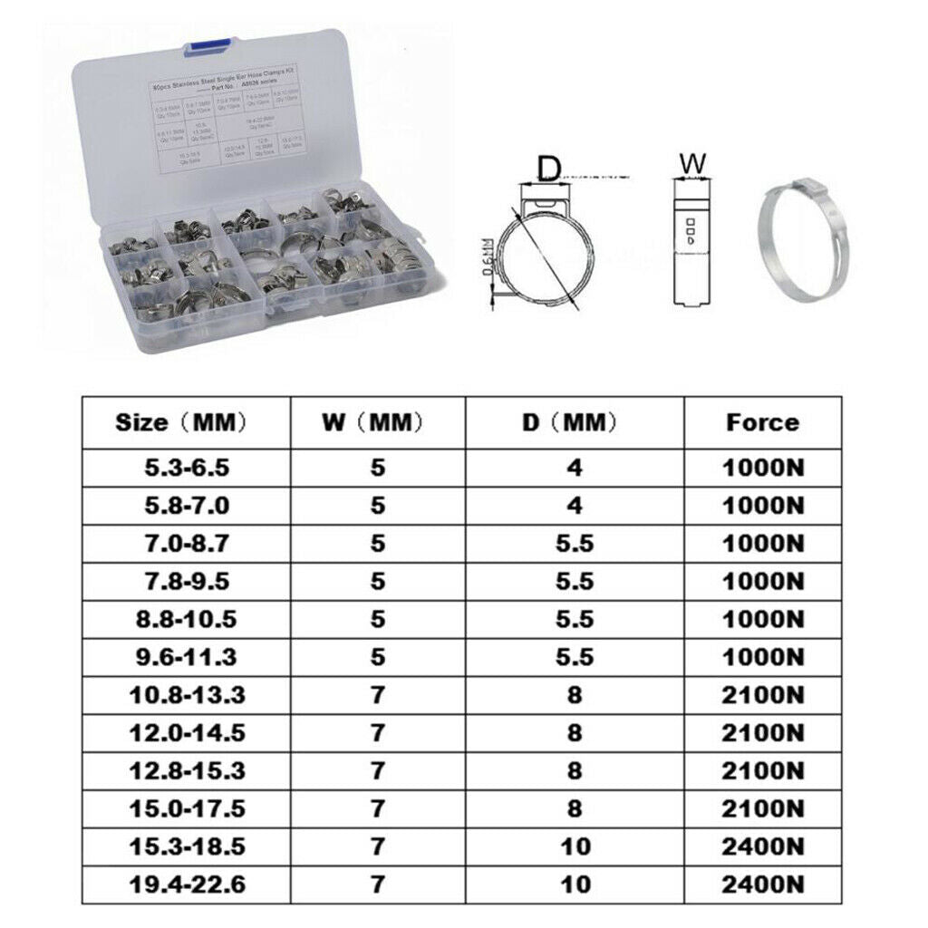 12 Kinds 5.3-22.6mm Stainless Steel Single Ear Hydraulic Fuel Hose Clamps