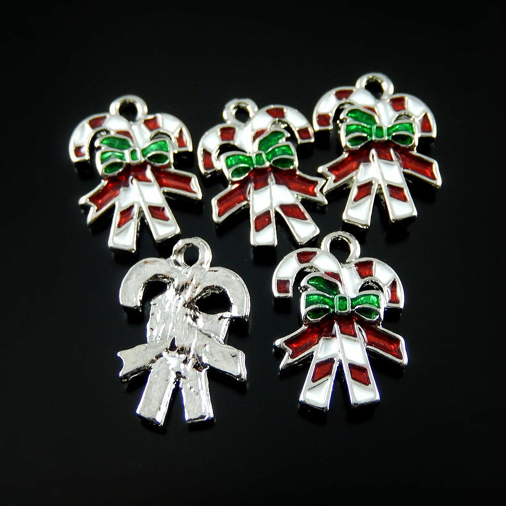 Colorful Enamel Alloy Xmas Sticks Bow-knot Charms Pendant Crafts 20pcs 52152