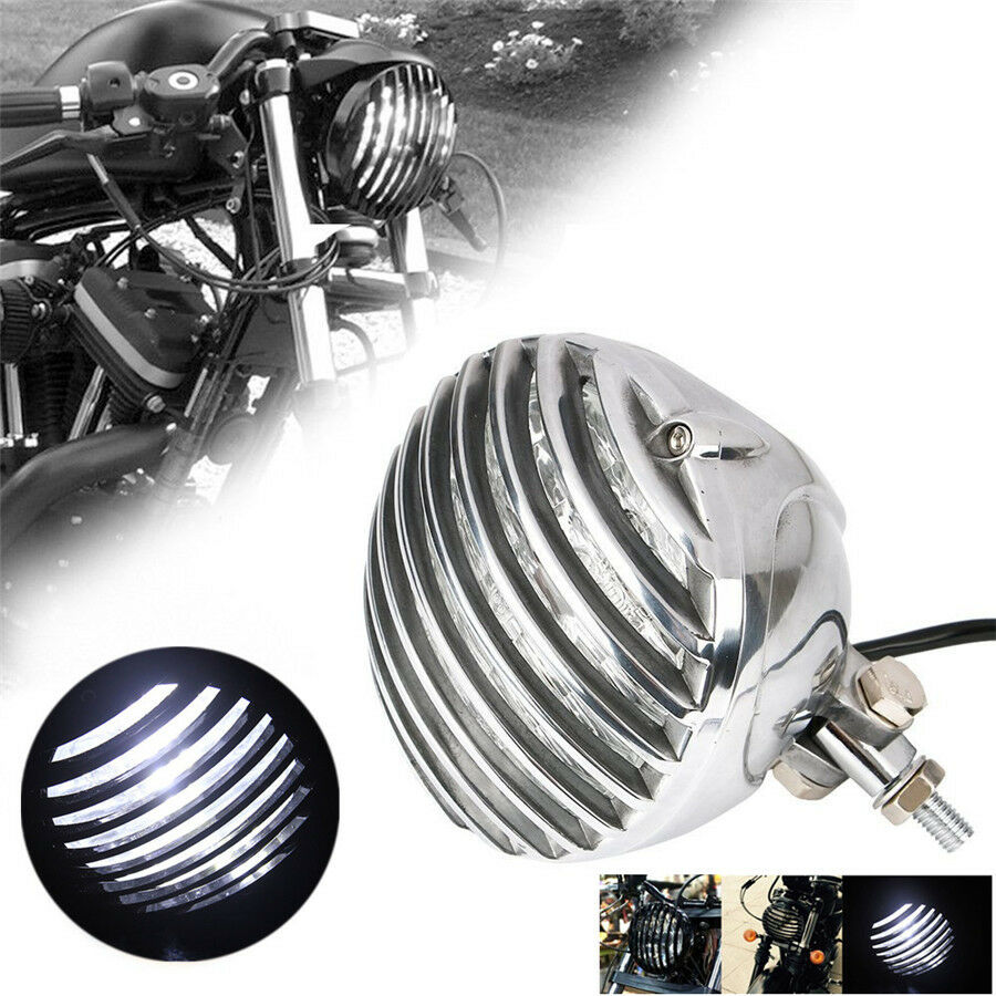Motorcycle Finned Grill Led Headlight High Low Beam ForCafe Racer Bobber Chopper