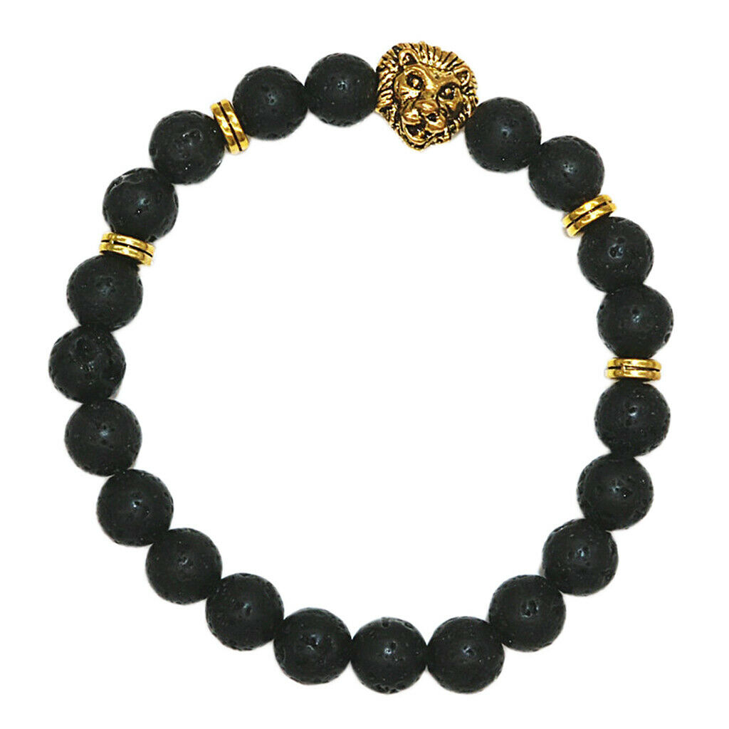 Fashion Women Men Black Lava Stone Beaded Charm Bracelet Jewelry Lion Head