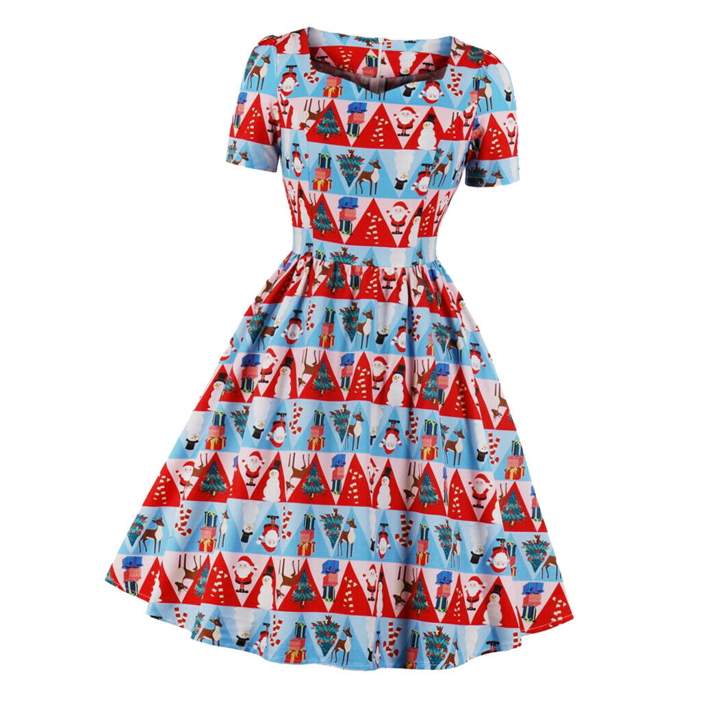 Women's Short Sleeve A Line Dress Xmas Santa Print Party Swing Dress  L