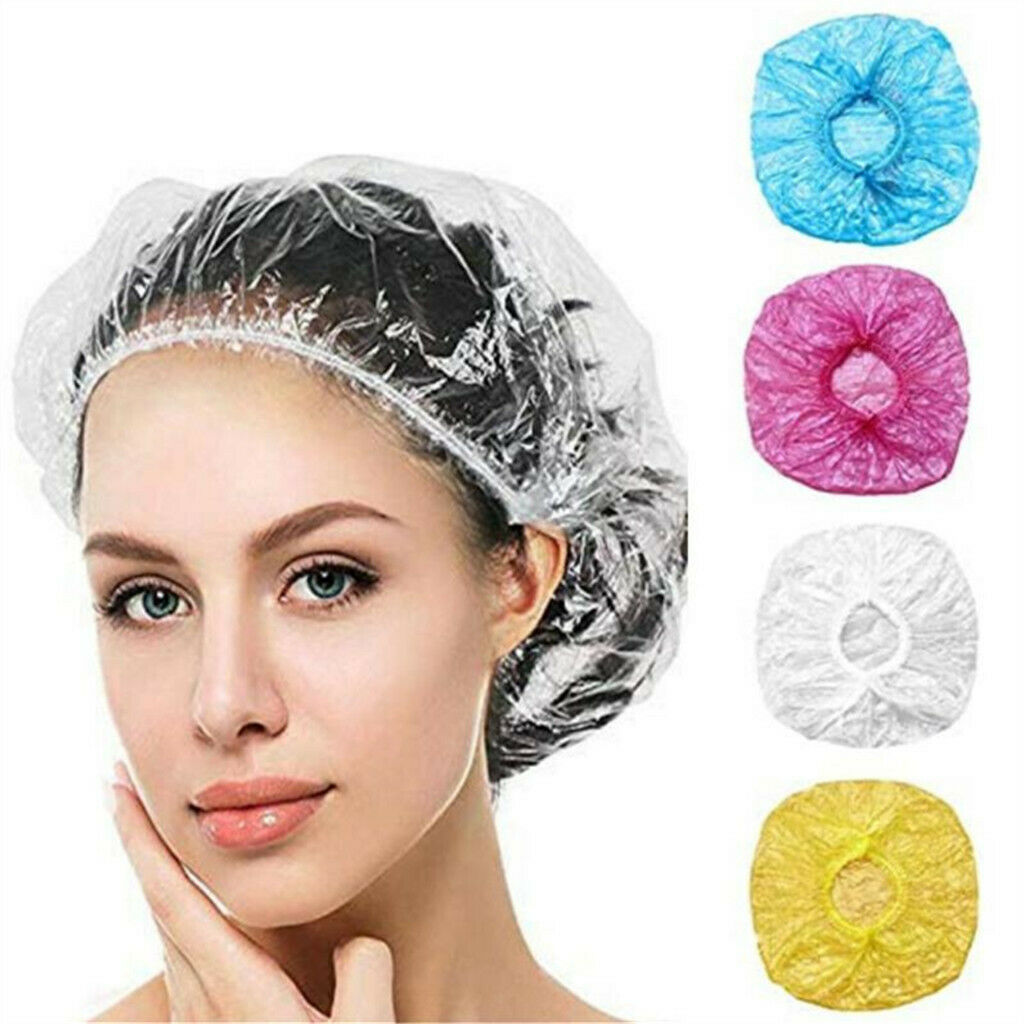 100Pc Disposable Plastic Clear Shower Bathing Caps Elastic Waterproof Hair Cover