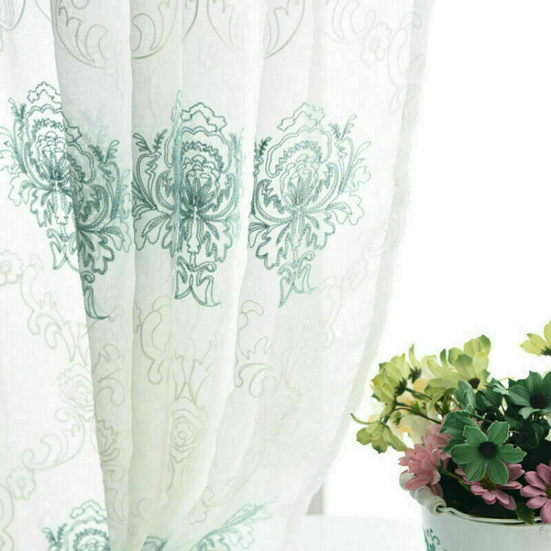 Embroidery Floral Net Curtain Pelmets Tulle Voile Window Panel Drape Sheer Blue