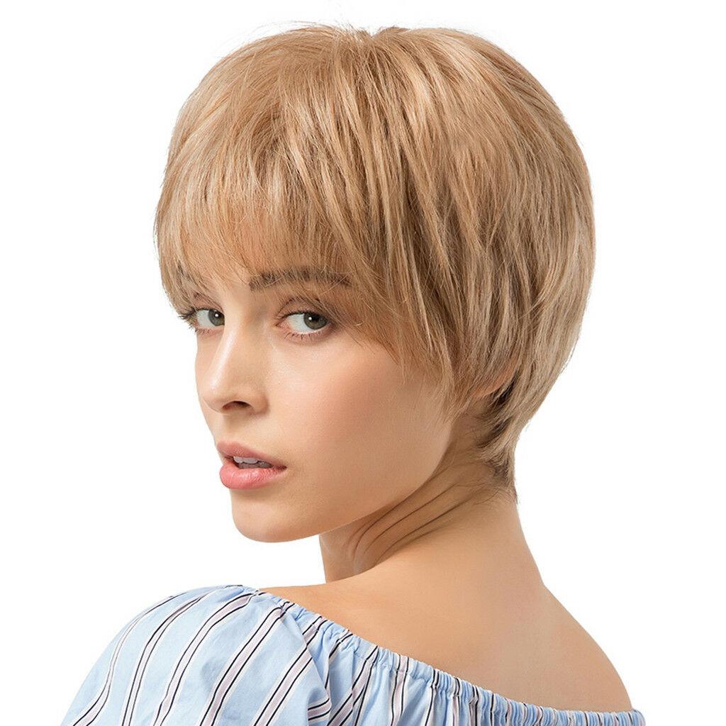 Natural Silky Human Hair Wigs Light Blonde Layered Short Women Wigs Full Wig