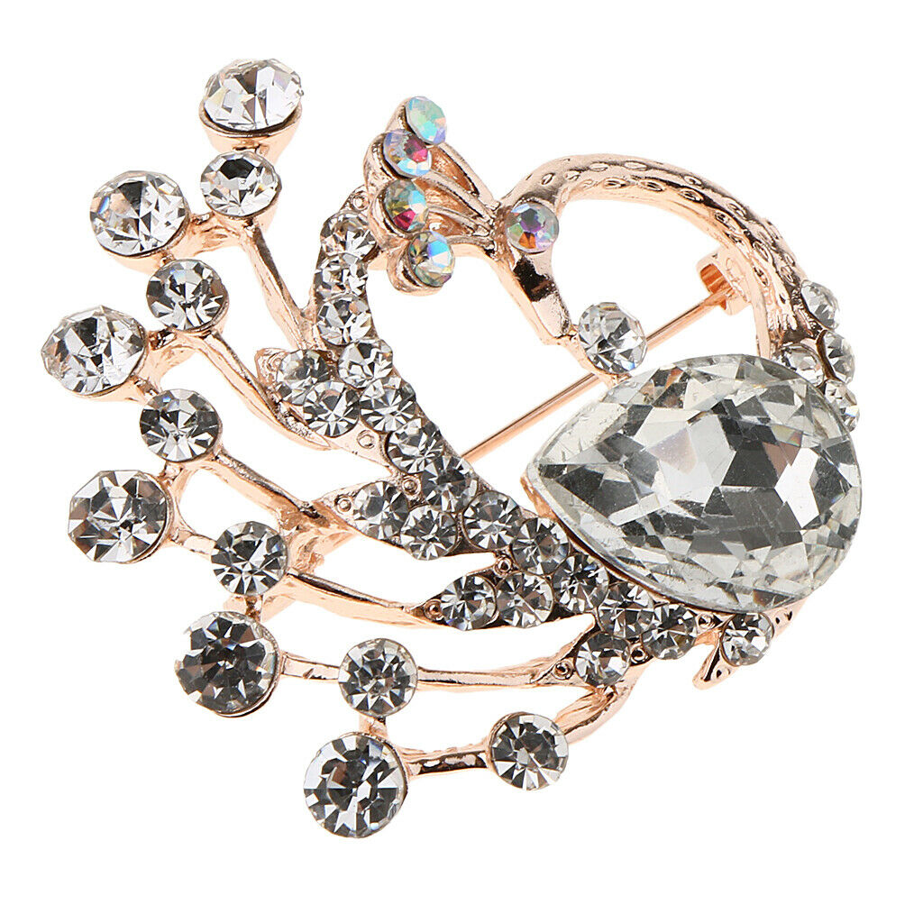 Women Crystal Peacock Brooch Wedding Bouquet Pin Jewelry Party White