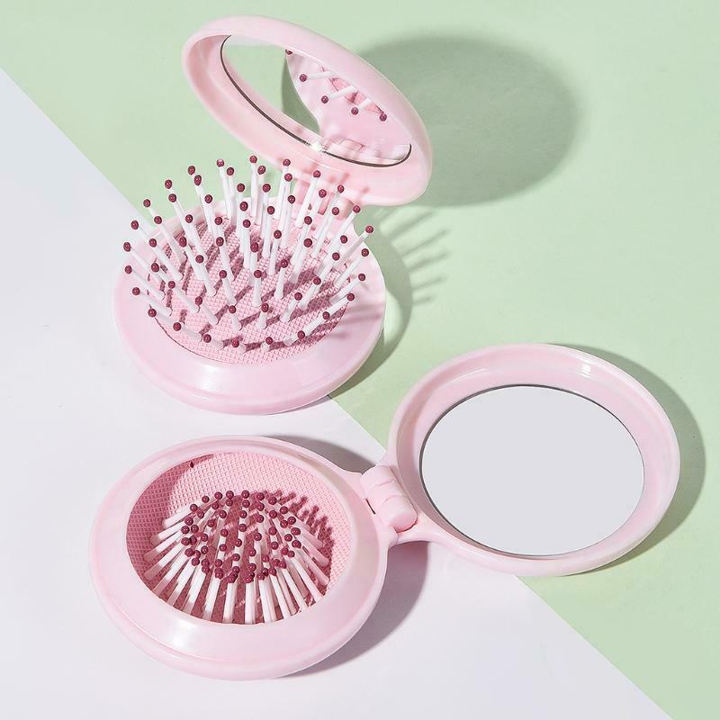 Portable Round Mirror Hair Comb Folding Massage Hair Brush Mini Airbag Combs