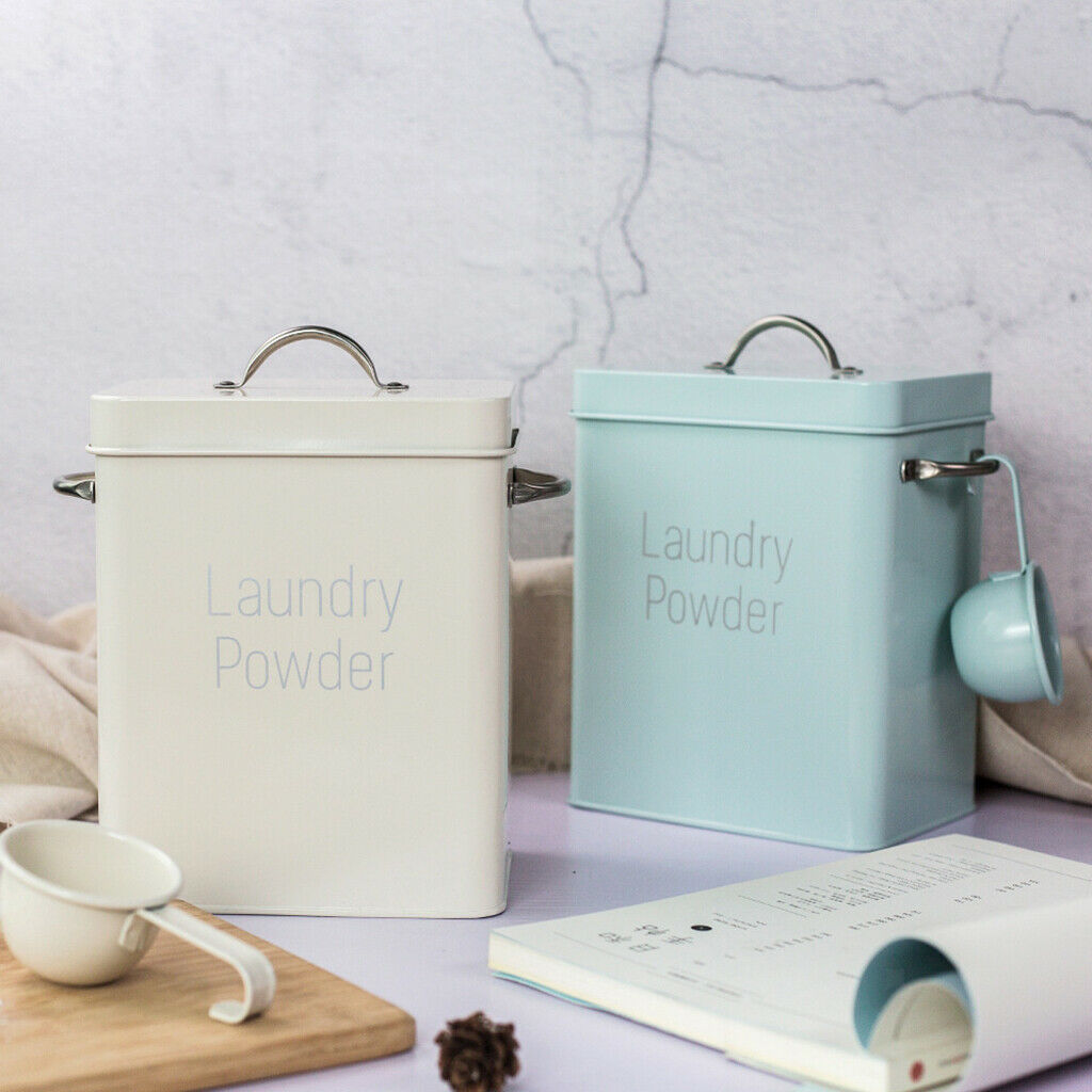 Laundry Powder Storage Tin Box Large Rice Organizer with Spoon White